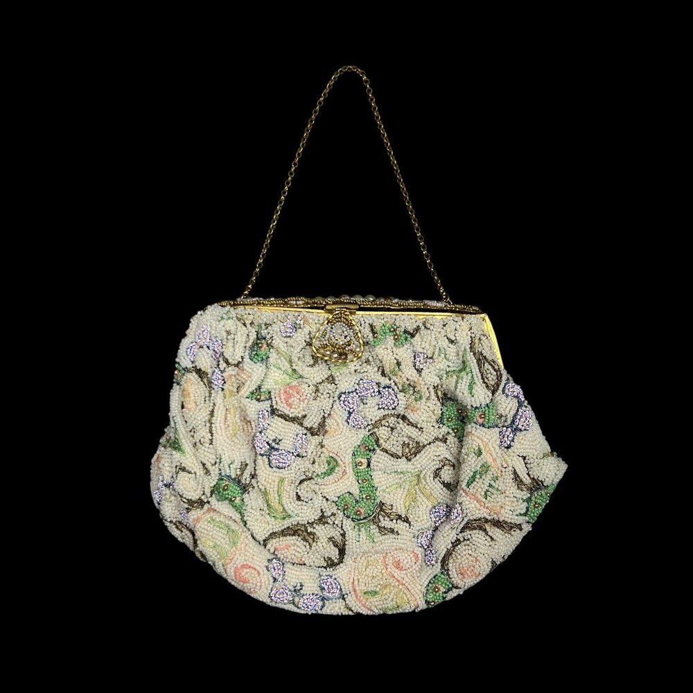 Vintage est. 1940s–50s Delill Beaded Evening Bag Floral Seed Bead Purse